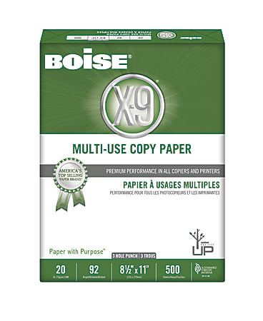 Boise X-9 3 Hole Punched Multipurpose Copy and Print Paper, Letter Size 8 1/2" x 11", 92  Brightness, 20 Lb, White, Ream Of 500 Sheets