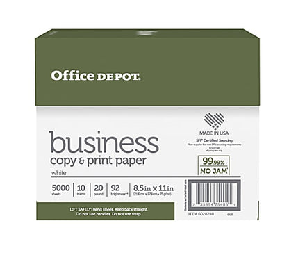 Office Depot Brand Business Multi-Use Print & Copy Paper, Letter Size 8 1/2" x 11", 92 Brightness, 20 Lb, White, 500 Sheets Per Ream, Case Of 10 Reams