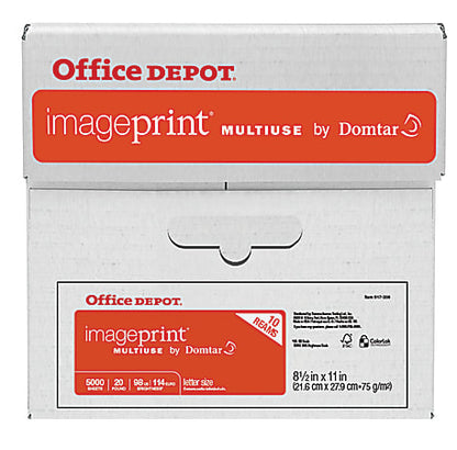 Office Depot Brand ImagePrint Multi-Use Print & Copy Paper, Letter Size 8 1/2" x 11", 98 (U.S.) Brightness, 20 Lb, FSC® Certified, White, 500 Sheets Per Ream, Case Of 10 Reams