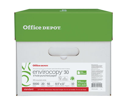 Office Depot Brand EnviroCopy 3 Hole Punched Copy Paper, Letter Size, 20 lb, 8 1/2 x 11, White, 5000 Sheets/Carton, Case Of 10 Reams