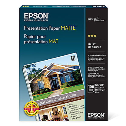 Epson Presentation Paper, Letter Size 8 1/2" x 11", 27 Lb, Matte White, Pack Of 100 Sheets