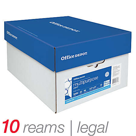 Office Depot Brand Multi-Use Print & Copy Paper, Legal Size 8 1/2" x 14", 96 Brightness, 20 Lb, White, 500 Sheets Per Ream, Case Of 10 Reams