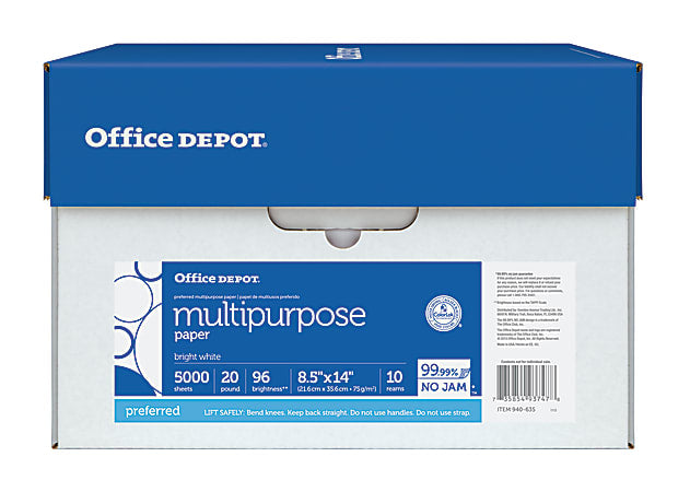 Office Depot Brand Multi-Use Print & Copy Paper, Legal Size 8 1/2" x 14", 96 Brightness, 20 Lb, White, 500 Sheets Per Ream, Case Of 10 Reams