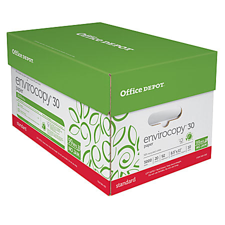 Office Depot Brand EnviroCopy Copy Paper, Letter Size 8 1/2" x 11", 20 Lb, 30% Recycled, FSC Certified, White, 500 Sheets Per Ream, Case Of 10 Reams