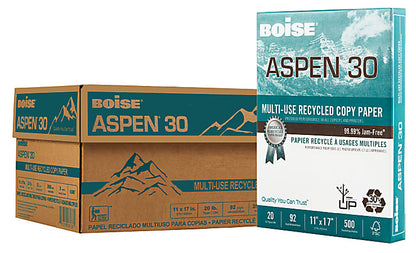 Boise ASPEN 30 Multi-Use Print & Copy Paper, Ledger Size 11" x 17", 92 Brightness, 20 Lb, 30% Recycled, FSC Certified, White, 500 Sheets Per Ream, Case Of 5 Reams