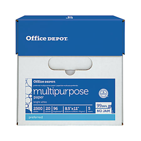 Office Depot Brand Multipurpose Copy and Print Paper, Letter Size 8 1/2" x 11", 96 Brightness, 20 Lb, White, 500 Sheets Per Ream, Case Of 5 Reams